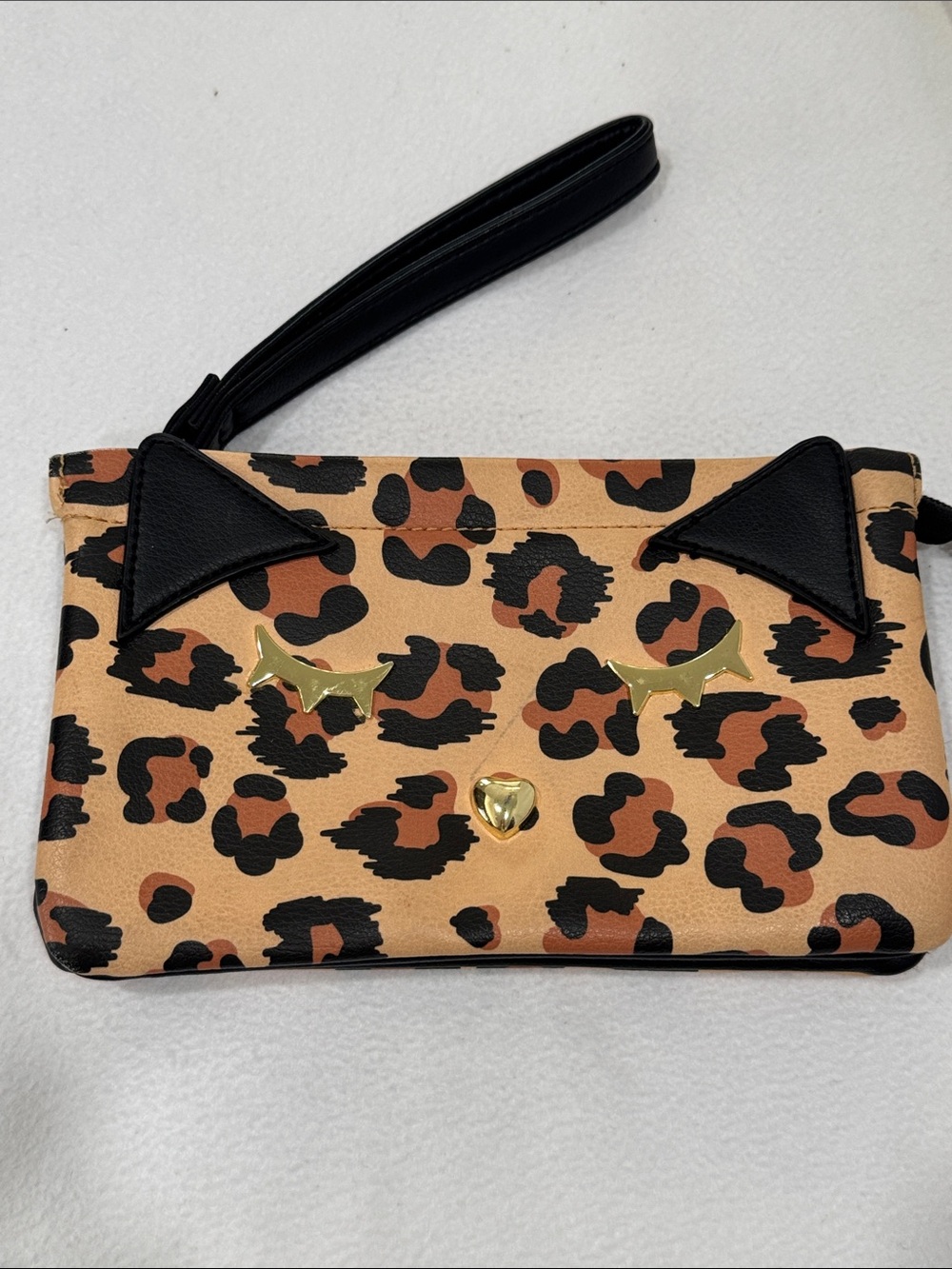 Betsey Johnson Leopard Cat Face Wristlet in Tan, Black and Brown